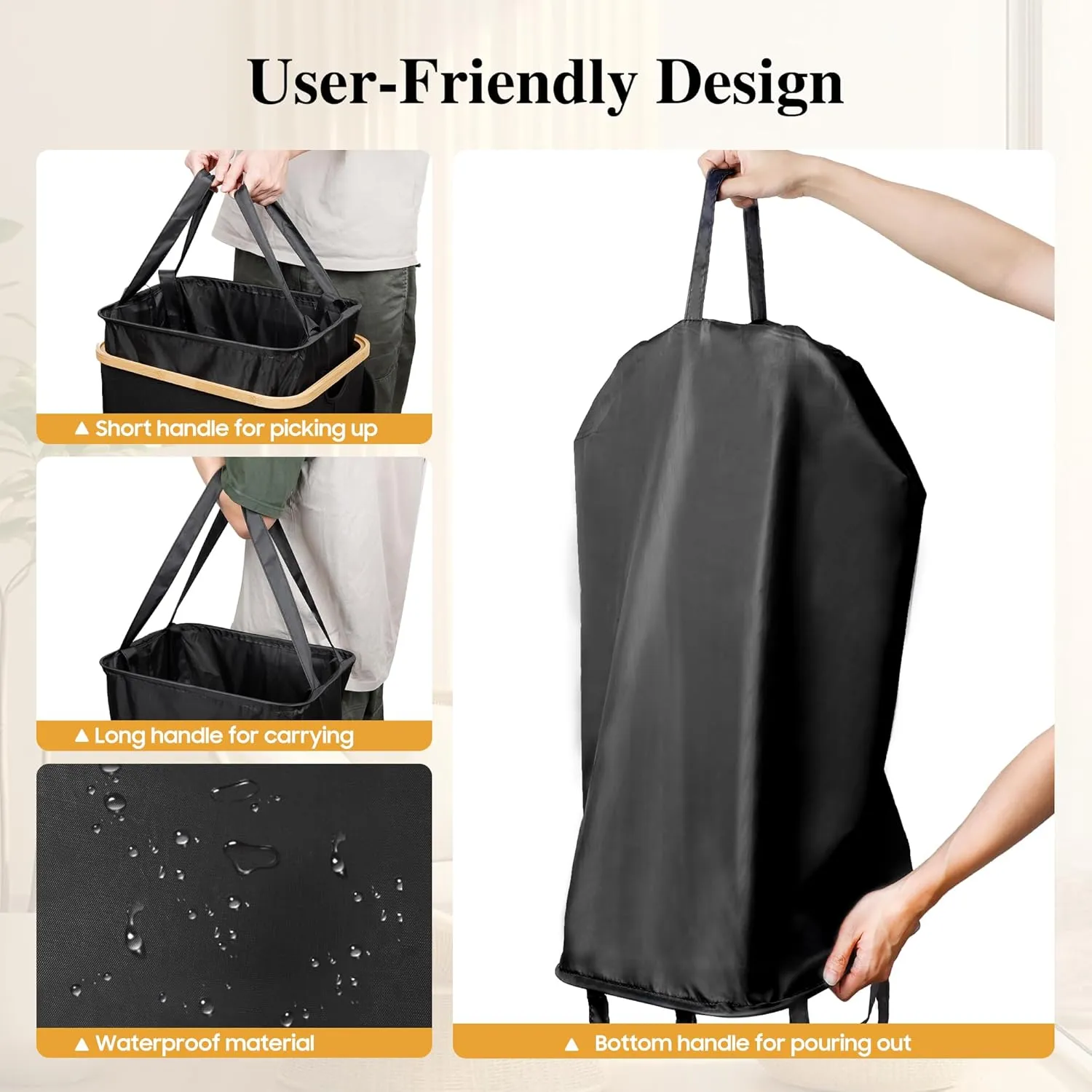 Large Laundry Hamper, 100L Waterproof Laundry Basket with Lid and Removable Bag, Collapsible Tall Clothes Hamper with Bamboo Handles for Clothes Toys in Dorm Bedroom Bathroom, Black