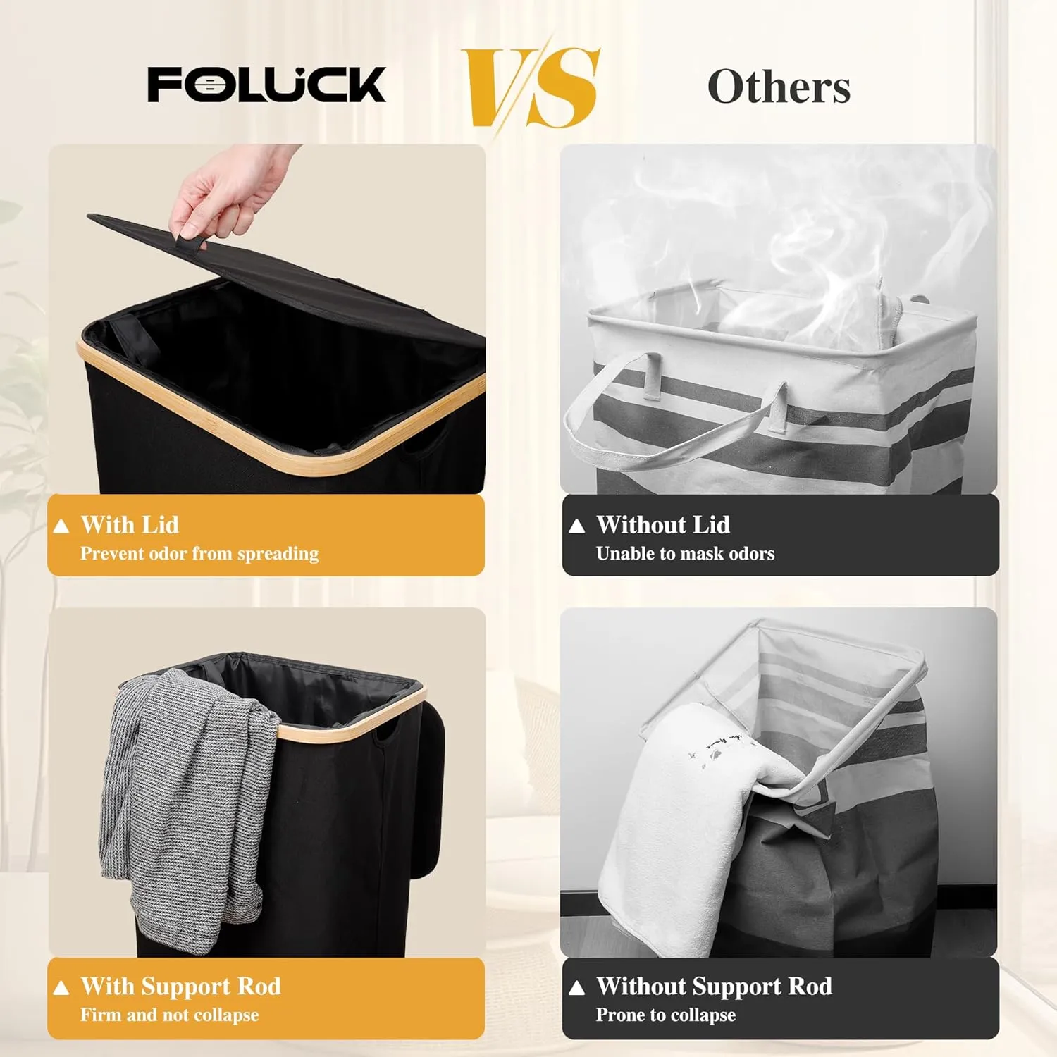 Large Laundry Hamper, 100L Waterproof Laundry Basket with Lid and Removable Bag, Collapsible Tall Clothes Hamper with Bamboo Handles for Clothes Toys in Dorm Bedroom Bathroom, Black