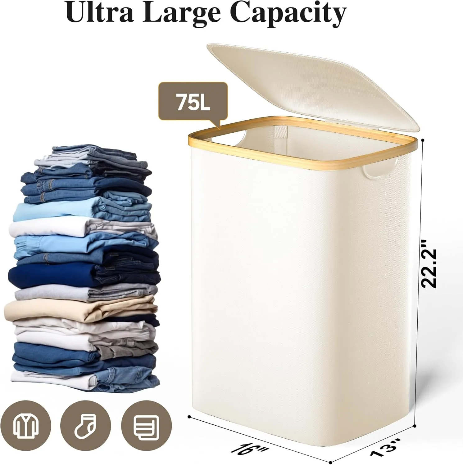 Large Laundry Hamper, 75L Waterproof Laundry Basket with Lid and Removable Bag, Collapsible Tall Clothes Hamper with Bamboo Handles for Clothes Toys in Dorm Bedroom Bathroom, Beige