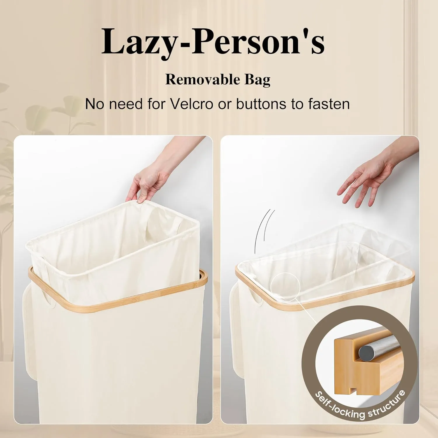 Large Laundry Hamper, 75L Waterproof Laundry Basket with Lid and Removable Bag, Collapsible Tall Clothes Hamper with Bamboo Handles for Clothes Toys in Dorm Bedroom Bathroom, Beige