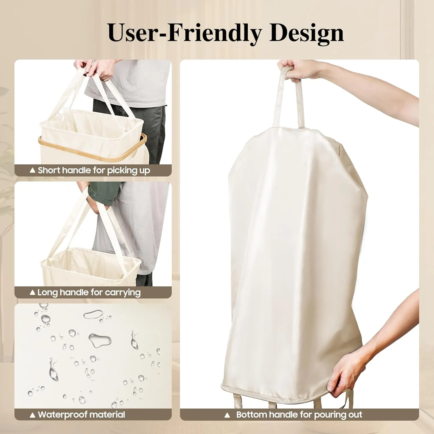 Large Laundry Hamper, 75L Waterproof Laundry Basket with Lid and Removable Bag, Collapsible Tall Clothes Hamper with Bamboo Handles for Clothes Toys in Dorm Bedroom Bathroom, Beige