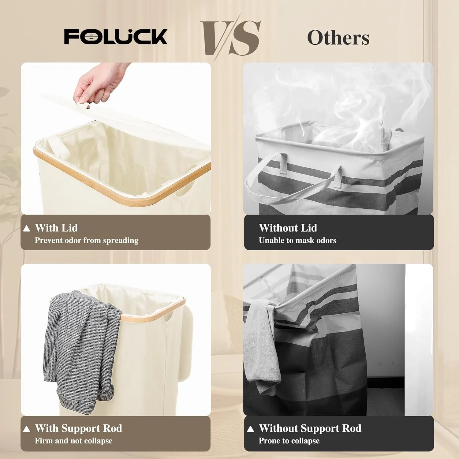 Large Laundry Hamper, 75L Waterproof Laundry Basket with Lid and Removable Bag, Collapsible Tall Clothes Hamper with Bamboo Handles for Clothes Toys in Dorm Bedroom Bathroom, Beige