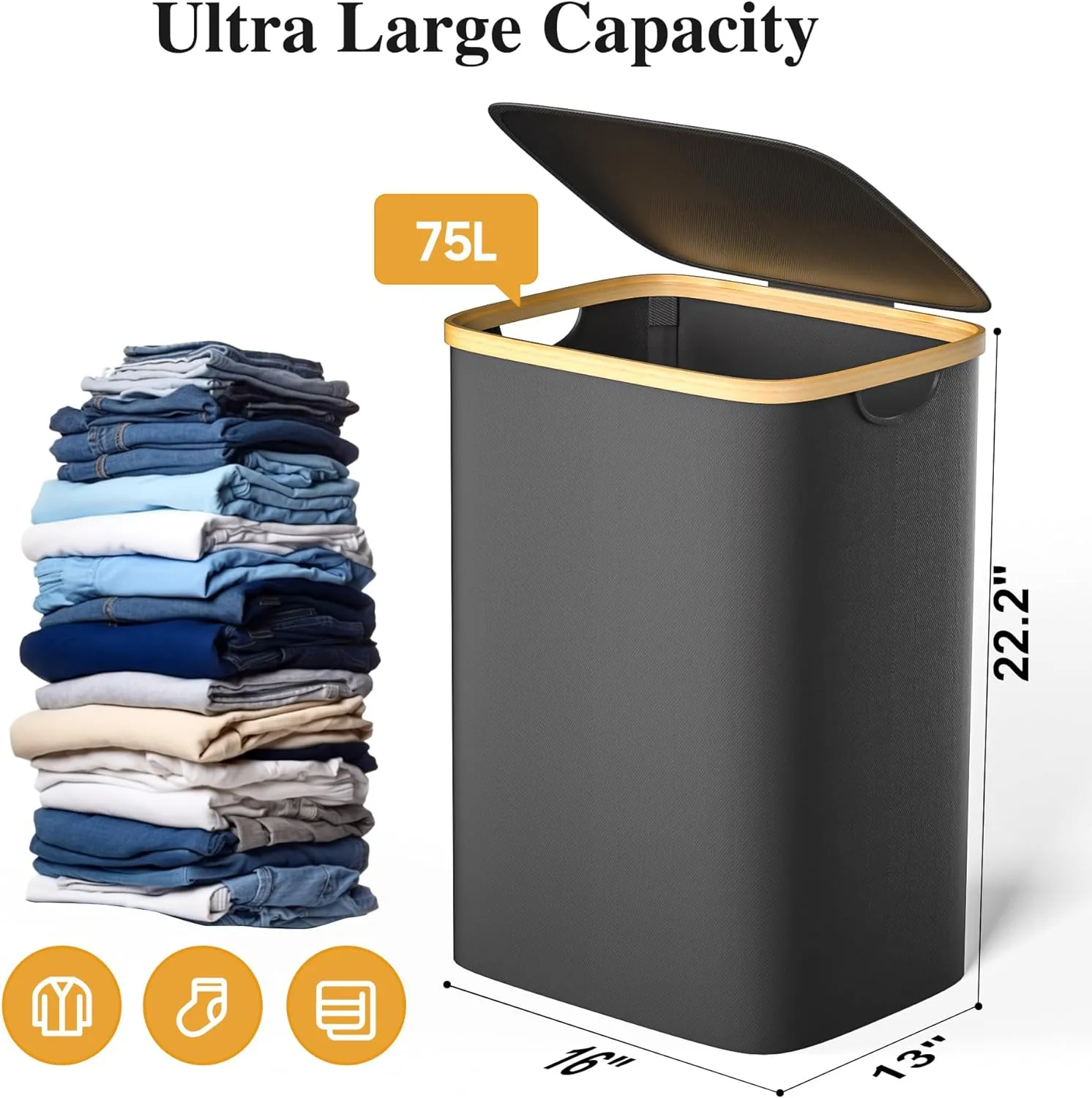 Large Laundry Hamper, 75L Waterproof Laundry Basket with Lid and Removable Bag, Collapsible Tall Clothes Hamper with Bamboo Handles for Clothes Toys in Dorm Bedroom Bathroom, Black