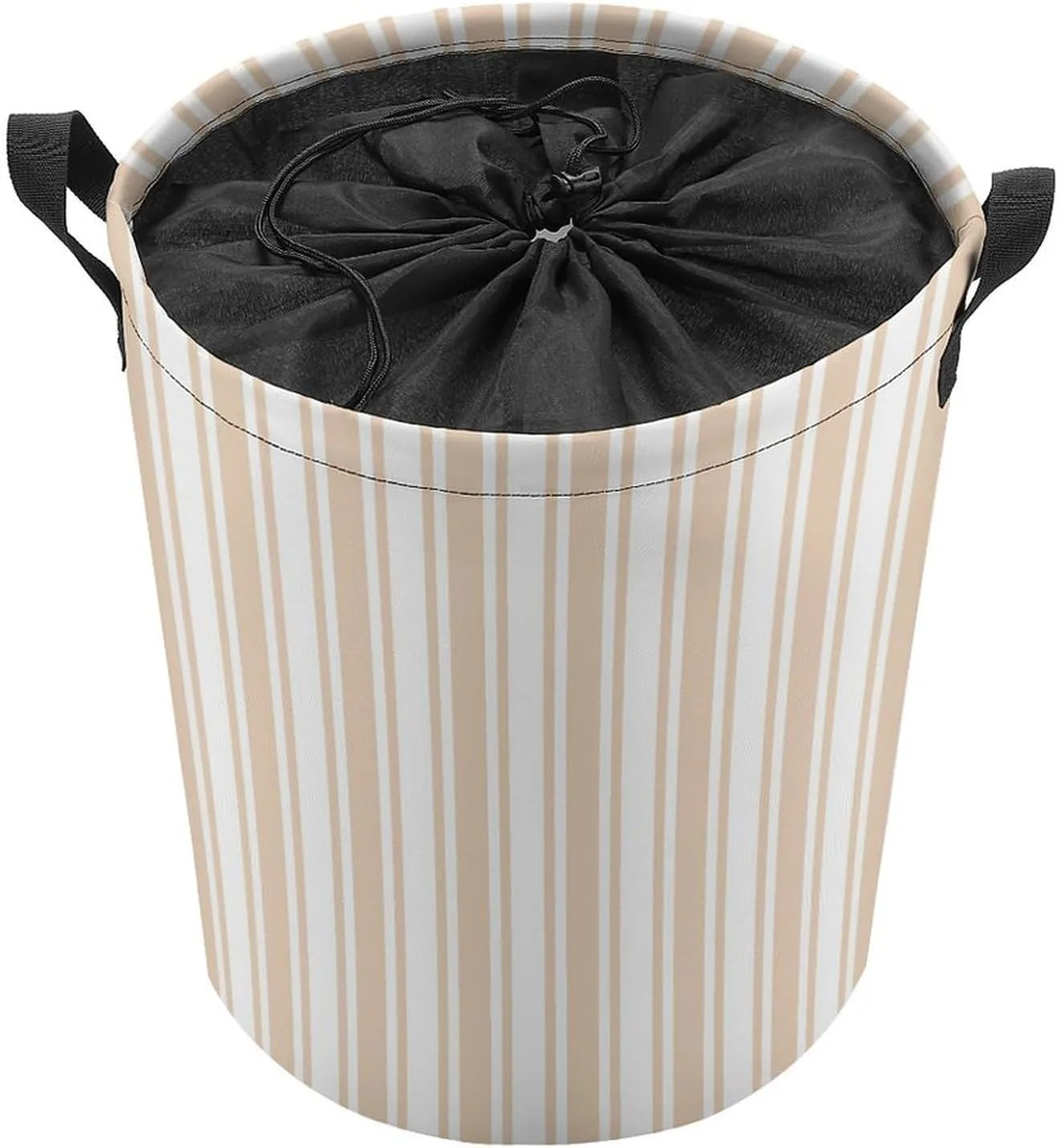 Large Laundry Hamper Bag, Beige and White Candy Stripes Collapsible Laundry Basket with Drawstring Dirty Clothes Organizer Washing Bin for Family Essentials Storage