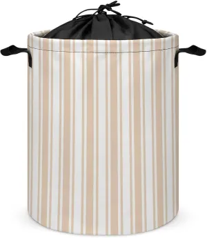 Large Laundry Hamper Bag, Beige and White Candy Stripes Collapsible Laundry Basket with Drawstring Dirty Clothes Organizer Washing Bin for Family Essentials Storage
