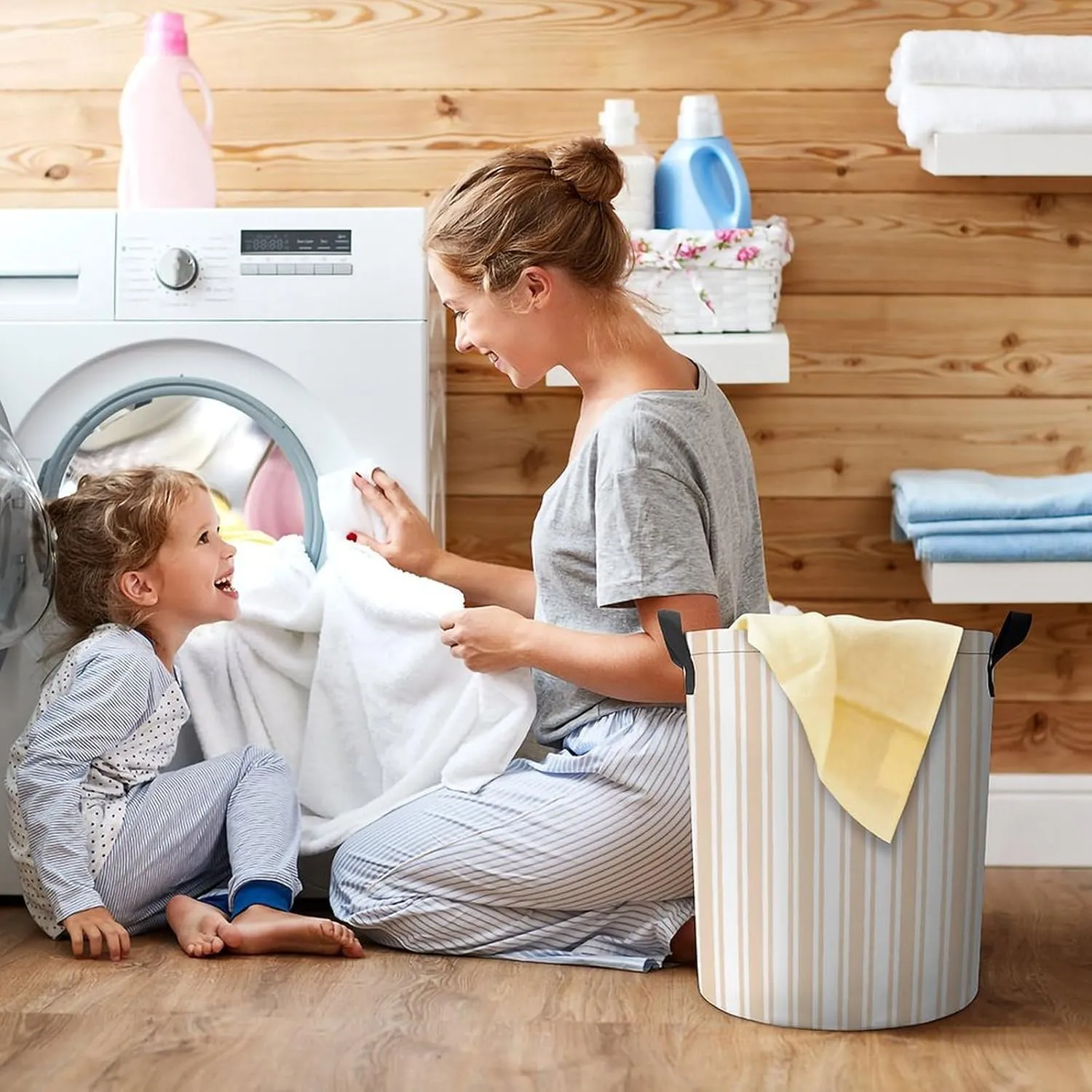 Large Laundry Hamper Bag, Beige and White Candy Stripes Collapsible Laundry Basket with Drawstring Dirty Clothes Organizer Washing Bin for Family Essentials Storage