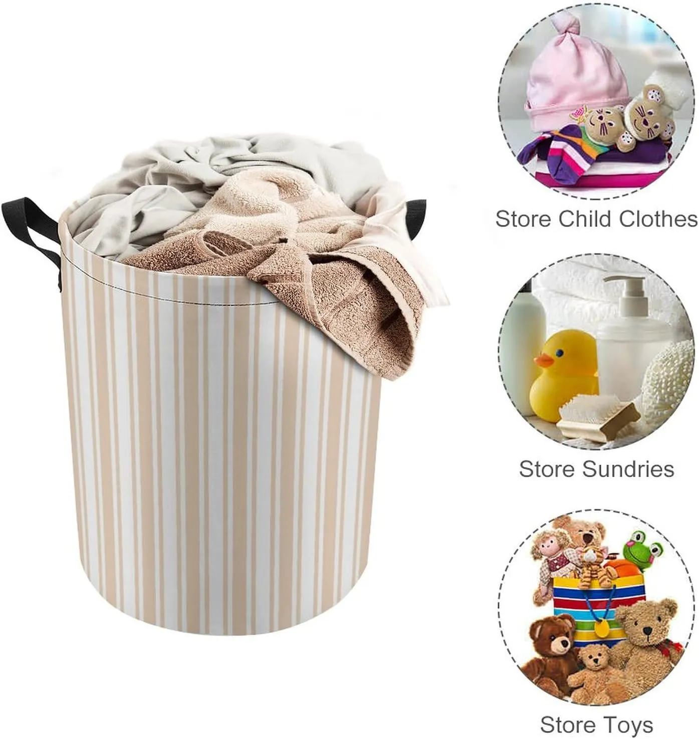 Large Laundry Hamper Bag, Beige and White Candy Stripes Collapsible Laundry Basket with Drawstring Dirty Clothes Organizer Washing Bin for Family Essentials Storage
