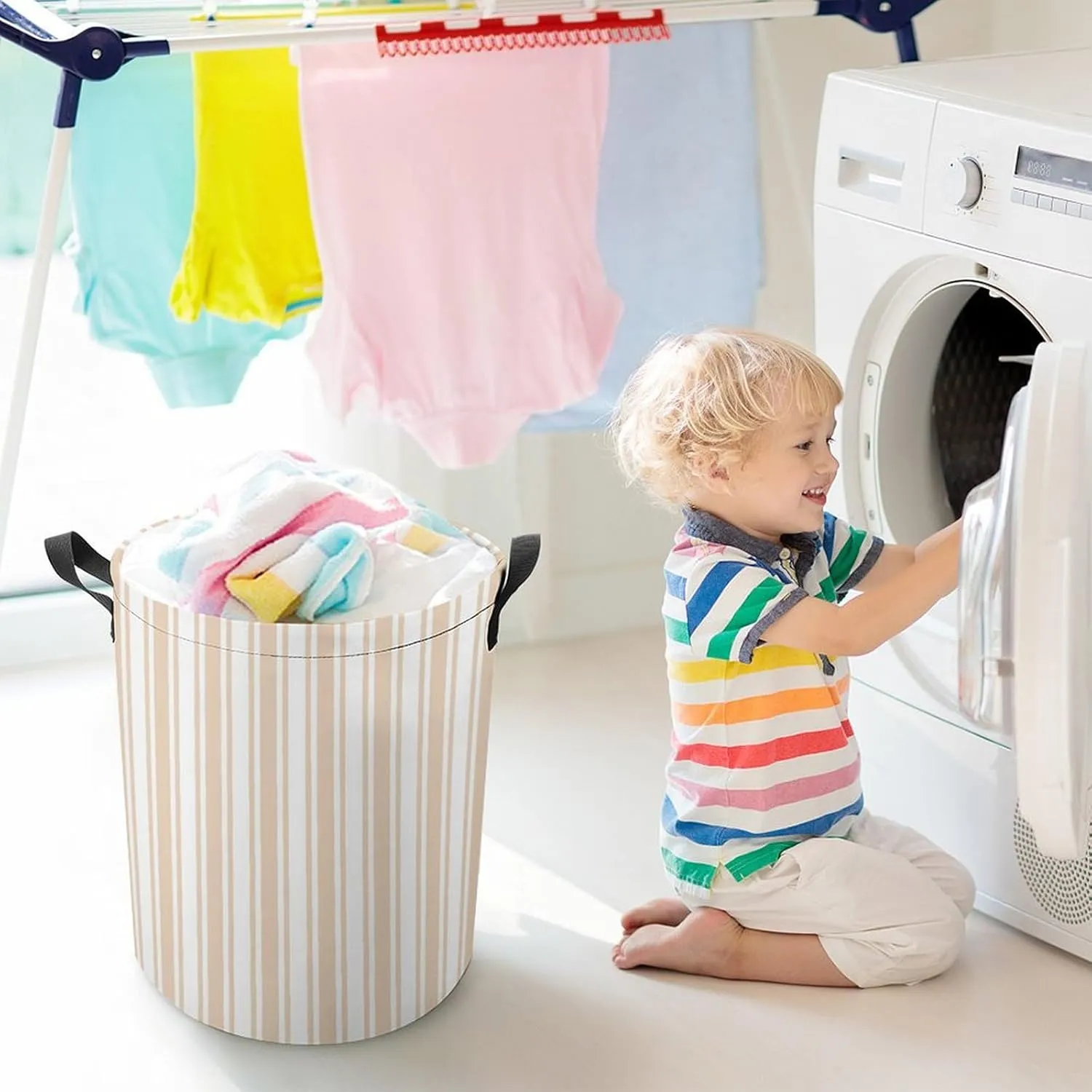 Large Laundry Hamper Bag, Beige and White Candy Stripes Collapsible Laundry Basket with Drawstring Dirty Clothes Organizer Washing Bin for Family Essentials Storage