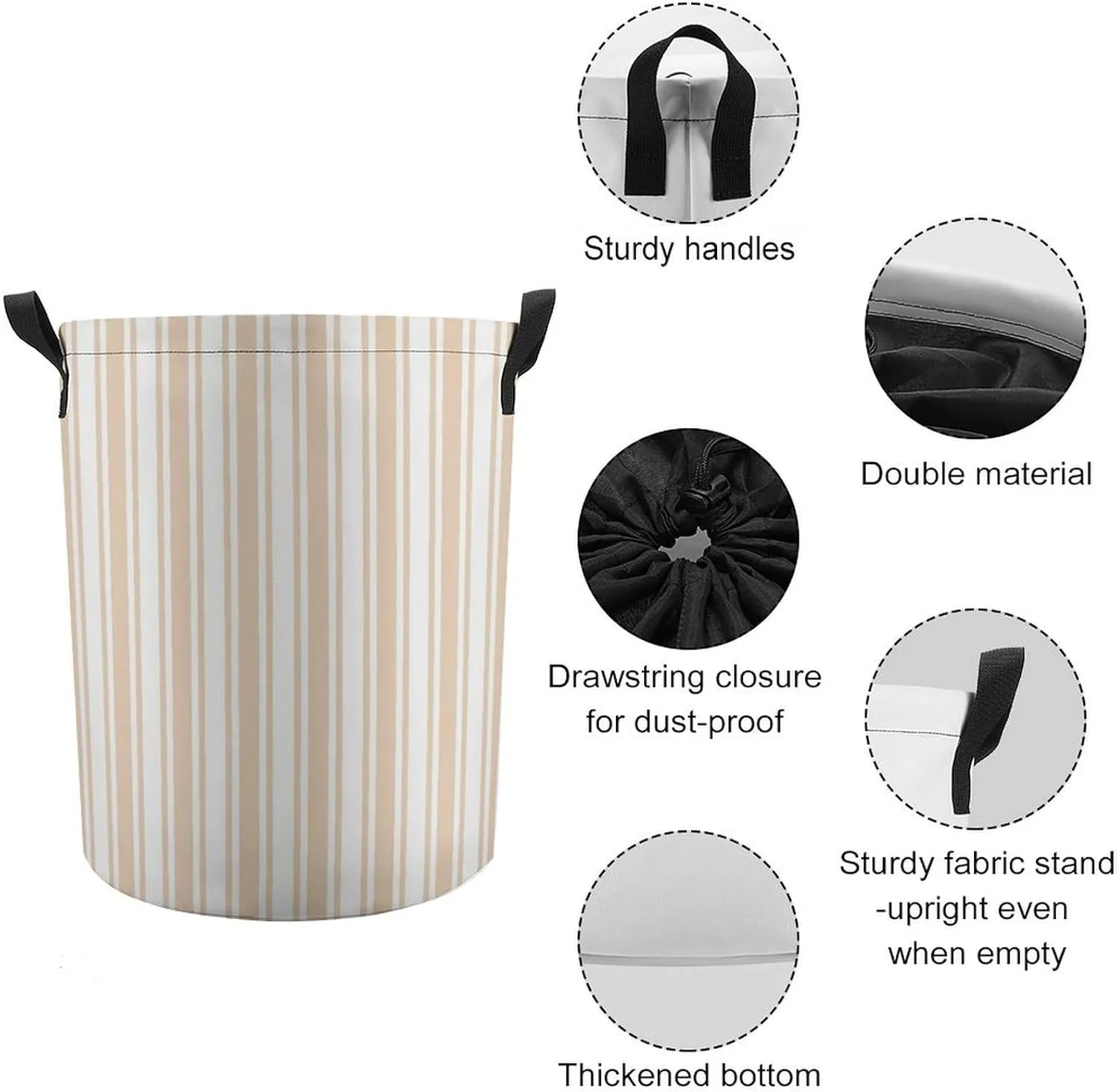 Large Laundry Hamper Bag, Beige and White Candy Stripes Collapsible Laundry Basket with Drawstring Dirty Clothes Organizer Washing Bin for Family Essentials Storage
