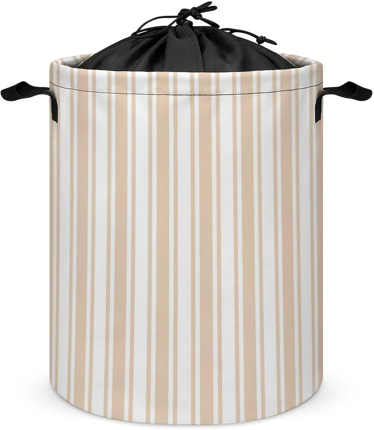 Large Laundry Hamper Bag, Beige and White Candy Stripes Collapsible Laundry Basket with Drawstring Dirty Clothes Organizer Washing Bin for Family Essentials Storage
