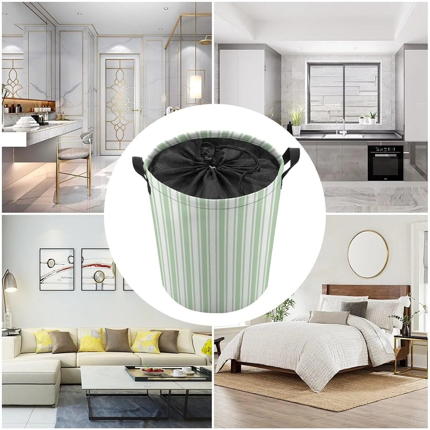 Large Laundry Hamper Bag, Pale Green and White Candy Stripes Collapsible Laundry Basket with Drawstring Dirty Clothes Organizer Washing Bin for Family Essentials Storage