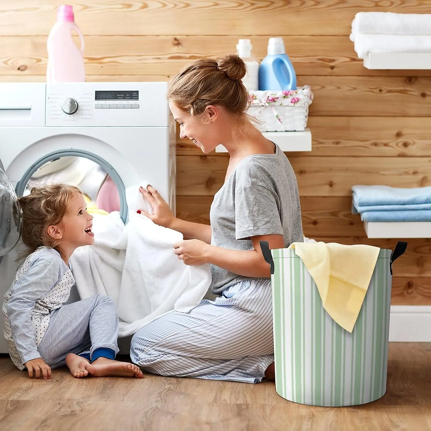 Large Laundry Hamper Bag, Pale Green and White Candy Stripes Collapsible Laundry Basket with Drawstring Dirty Clothes Organizer Washing Bin for Family Essentials Storage