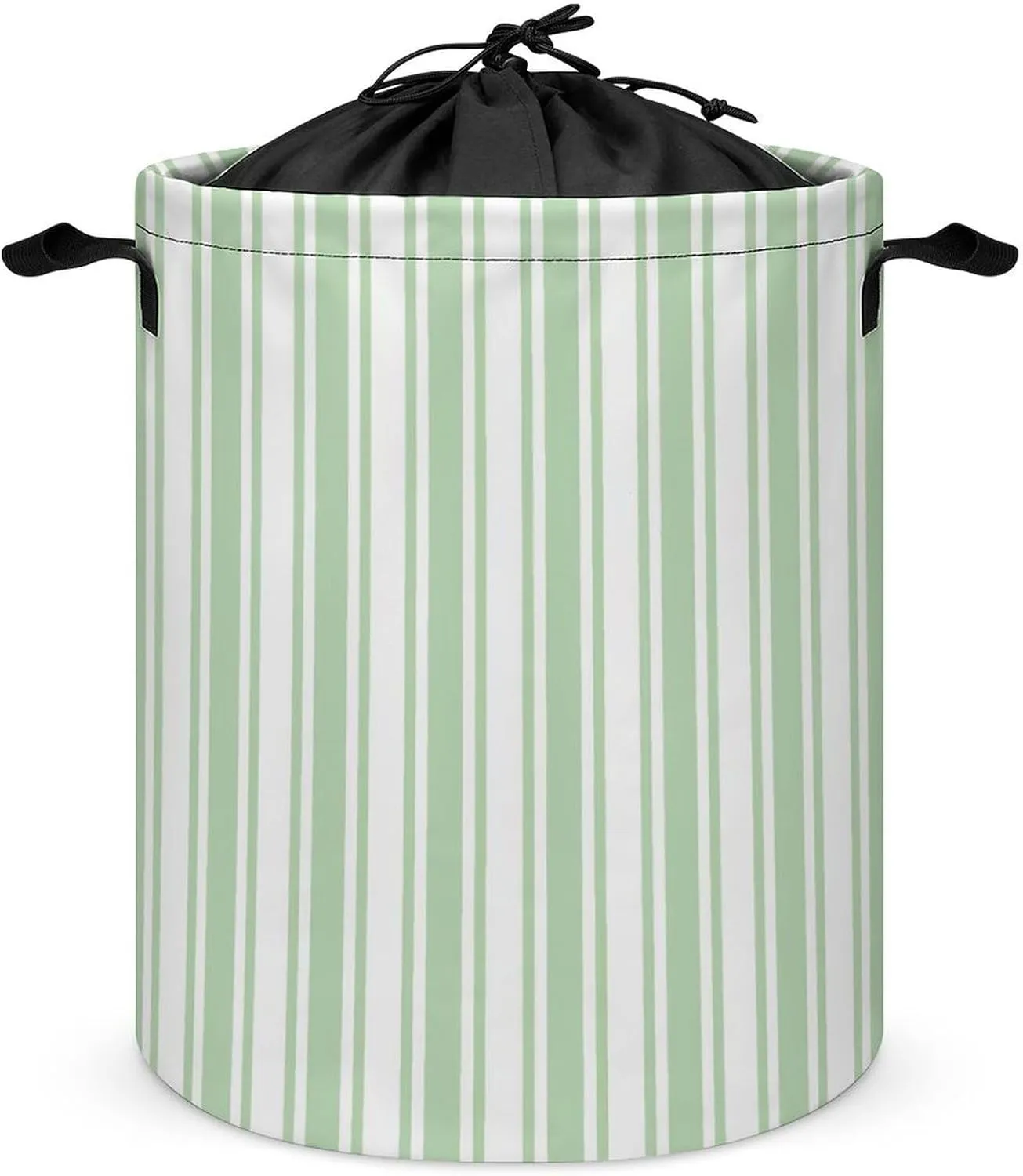 Large Laundry Hamper Bag, Pale Green and White Candy Stripes Collapsible Laundry Basket with Drawstring Dirty Clothes Organizer Washing Bin for Family Essentials Storage