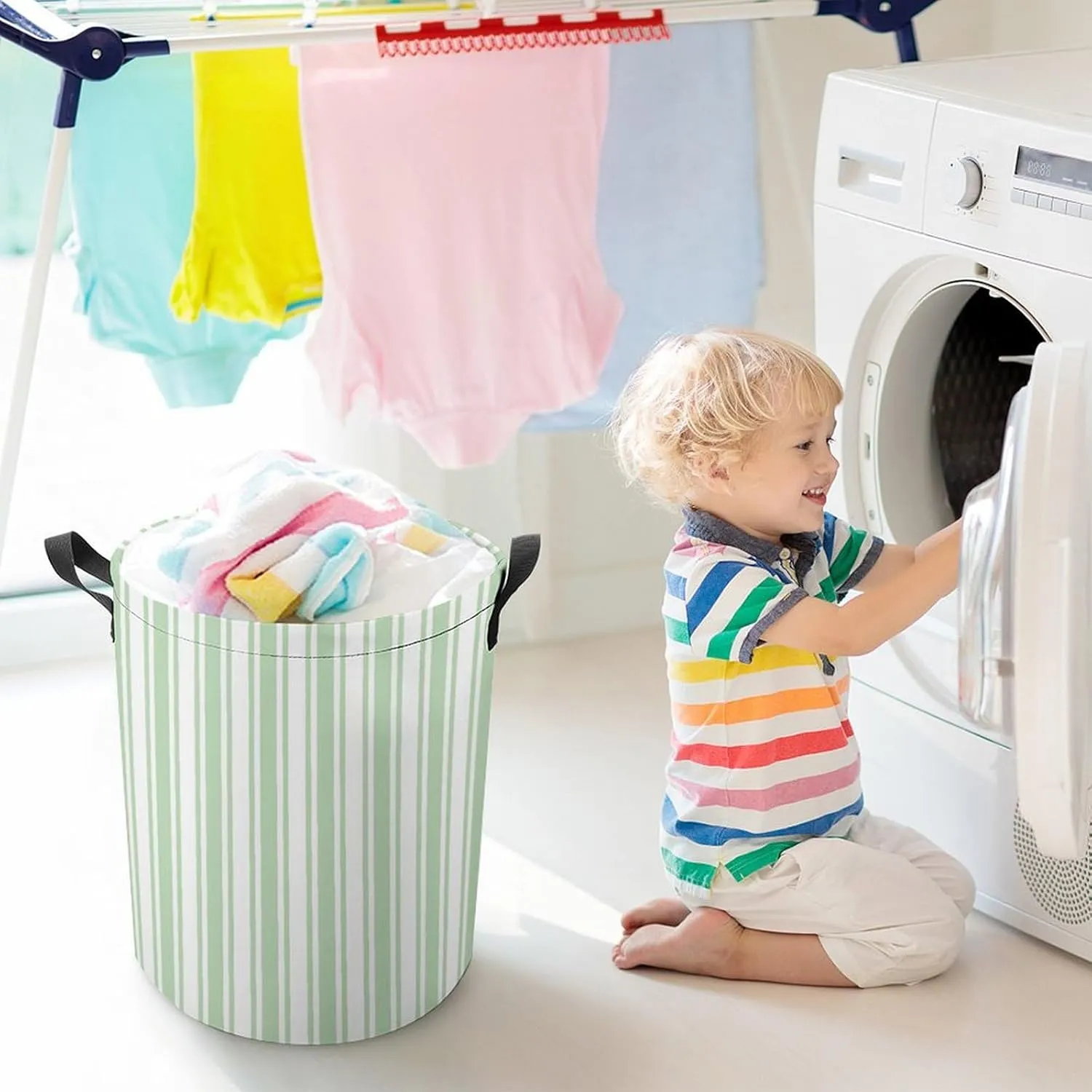 Large Laundry Hamper Bag, Pale Green and White Candy Stripes Collapsible Laundry Basket with Drawstring Dirty Clothes Organizer Washing Bin for Family Essentials Storage