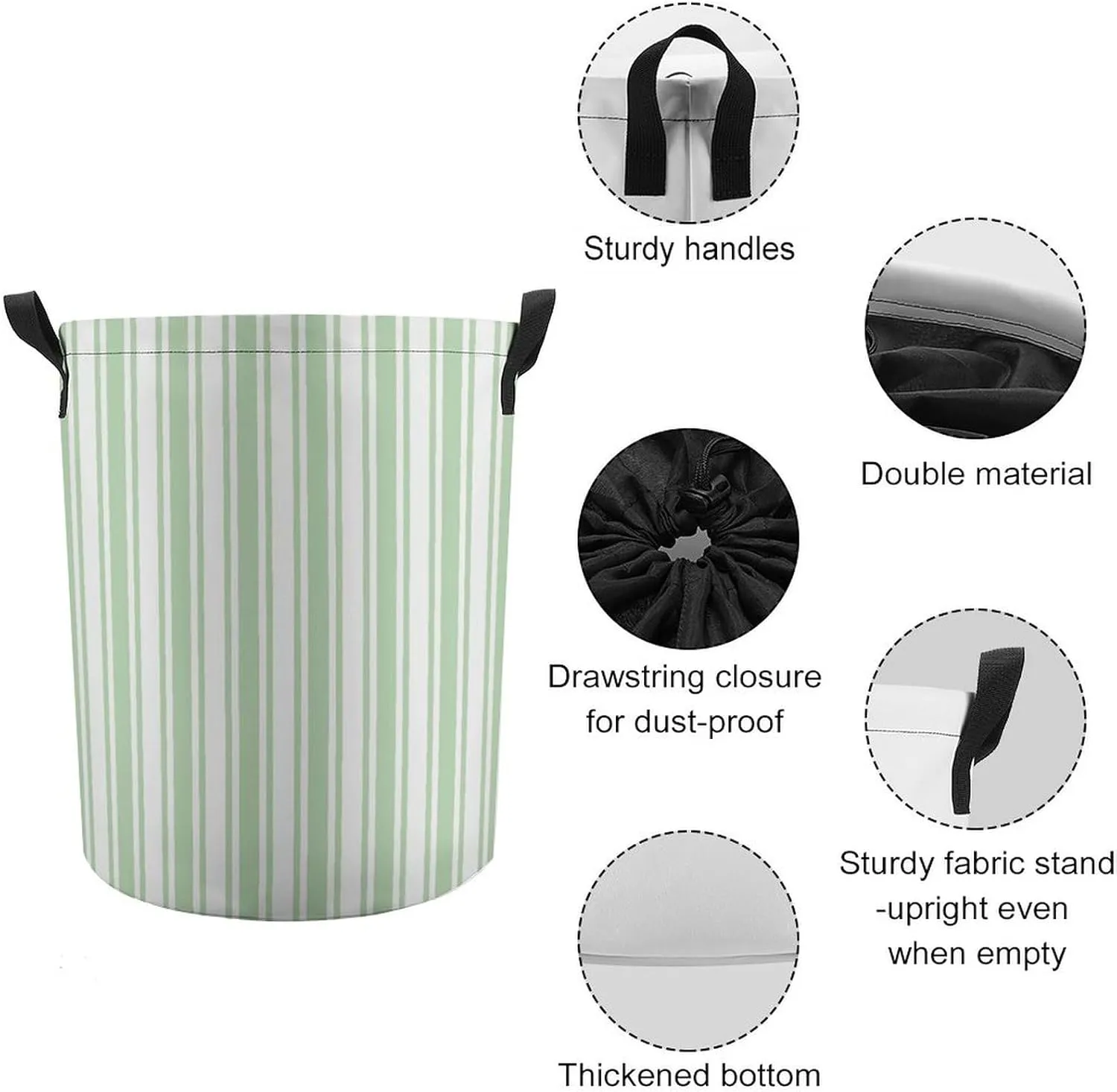 Large Laundry Hamper Bag, Pale Green and White Candy Stripes Collapsible Laundry Basket with Drawstring Dirty Clothes Organizer Washing Bin for Family Essentials Storage