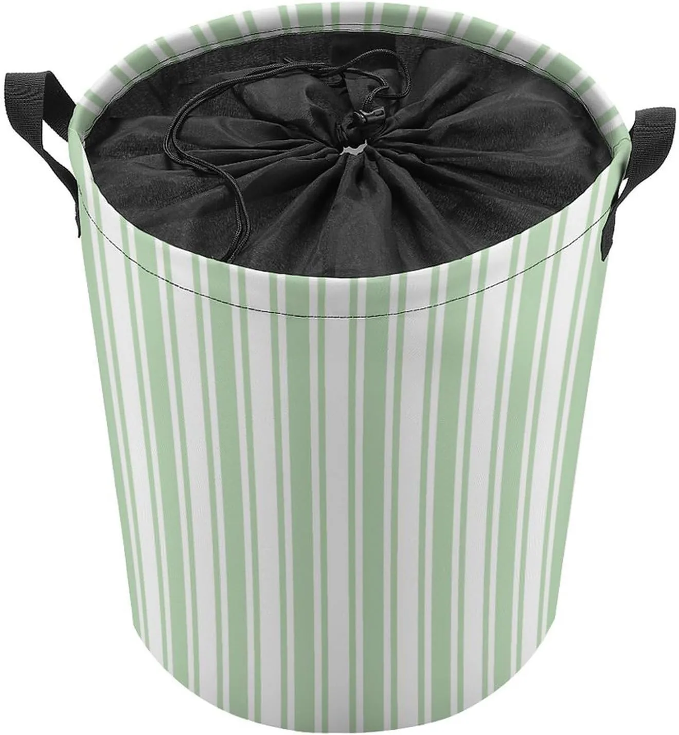 Large Laundry Hamper Bag, Pale Green and White Candy Stripes Collapsible Laundry Basket with Drawstring Dirty Clothes Organizer Washing Bin for Family Essentials Storage