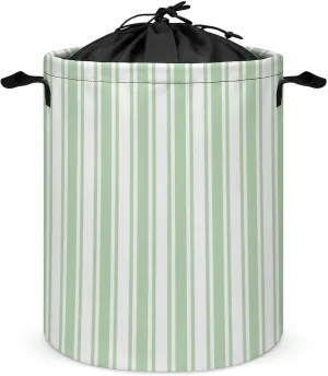 Large Laundry Hamper Bag, Pale Green and White Candy Stripes Collapsible Laundry Basket with Drawstring Dirty Clothes Organizer Washing Bin for Family Essentials Storage