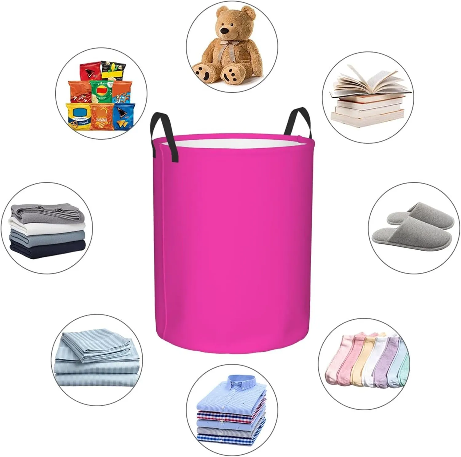 Large Laundry Hamper Bag, Solid Plain Bright Pink Elegant Modern Laundry Basket Collapsible Waterproof Storage Basket for College Dorm, Family Essentials
