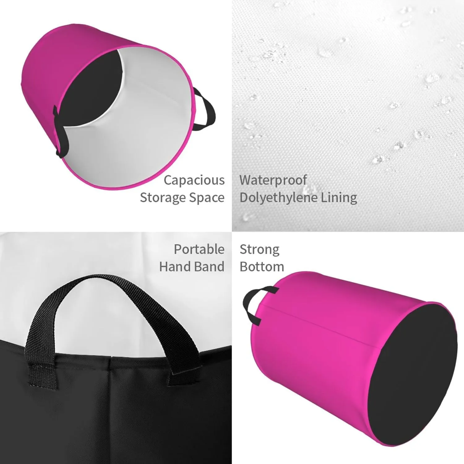 Large Laundry Hamper Bag, Solid Plain Bright Pink Elegant Modern Laundry Basket Collapsible Waterproof Storage Basket for College Dorm, Family Essentials