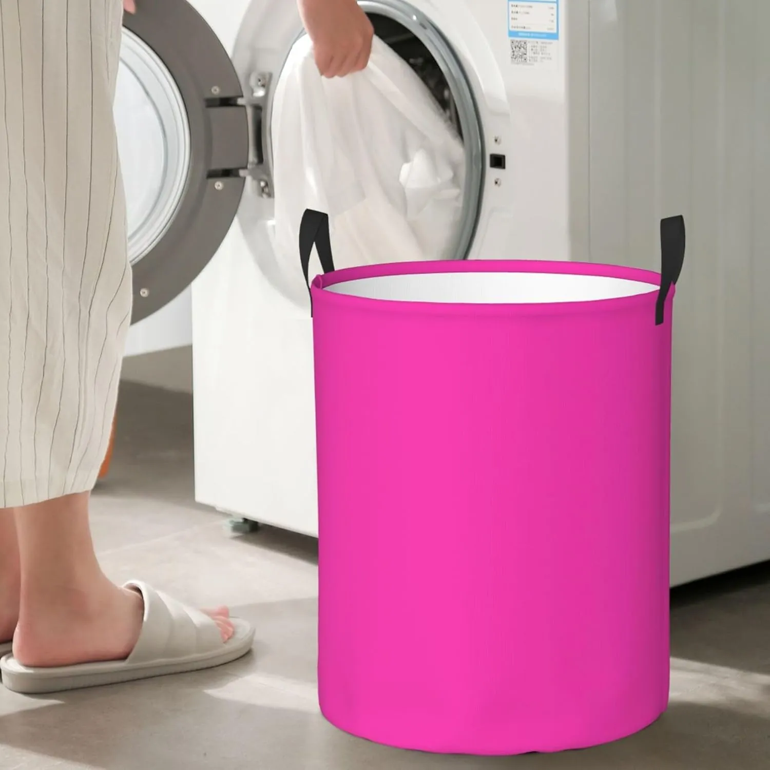 Large Laundry Hamper Bag, Solid Plain Bright Pink Elegant Modern Laundry Basket Collapsible Waterproof Storage Basket for College Dorm, Family Essentials