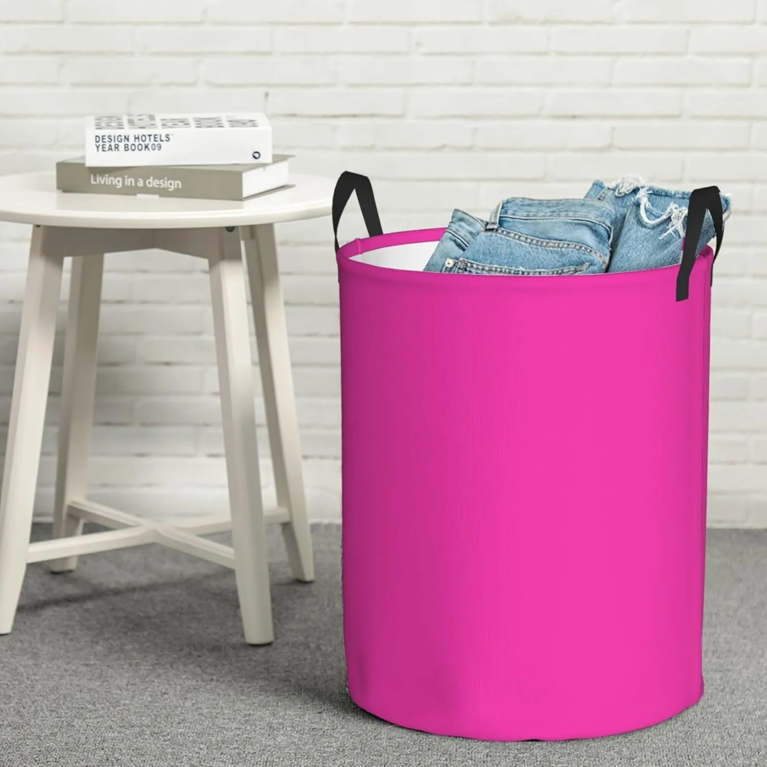 Large Laundry Hamper Bag, Solid Plain Bright Pink Elegant Modern Laundry Basket Collapsible Waterproof Storage Basket for College Dorm, Family Essentials
