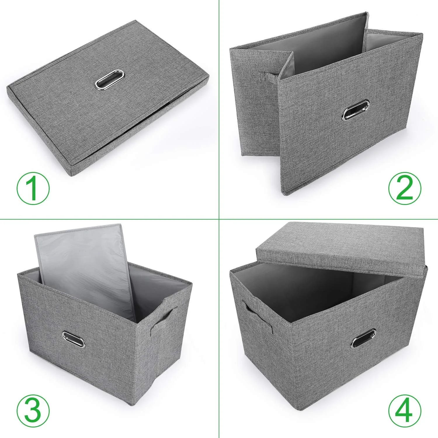 Large Linen Fabric Foldable Storage Bins with Removable Lid and Handles, Washable Storage Box Organizer Containers Baskets Cube with Cover for Bedroom,Office(Black, Medium)