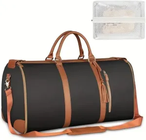 Large Travel Duffel Bag, Black with Brown Leather Trim, Weekend Carry-On with Shoulder Strap and Laundry Bag