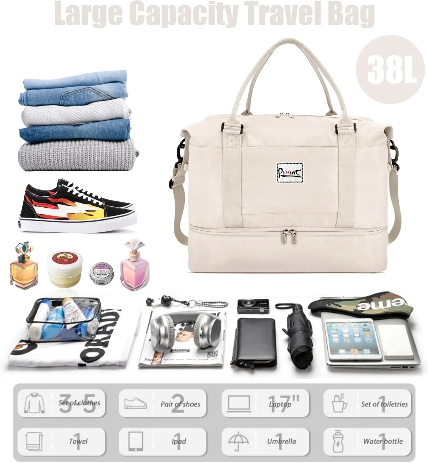 Large Travel Duffle Bag Weekender Bags for Women with Shoes Compartment, Travel Duffel Tote Carry on Overnight Bag for Travel Business Trips, Sport Yoga Gym Bag with Wet Pocket (Beige)