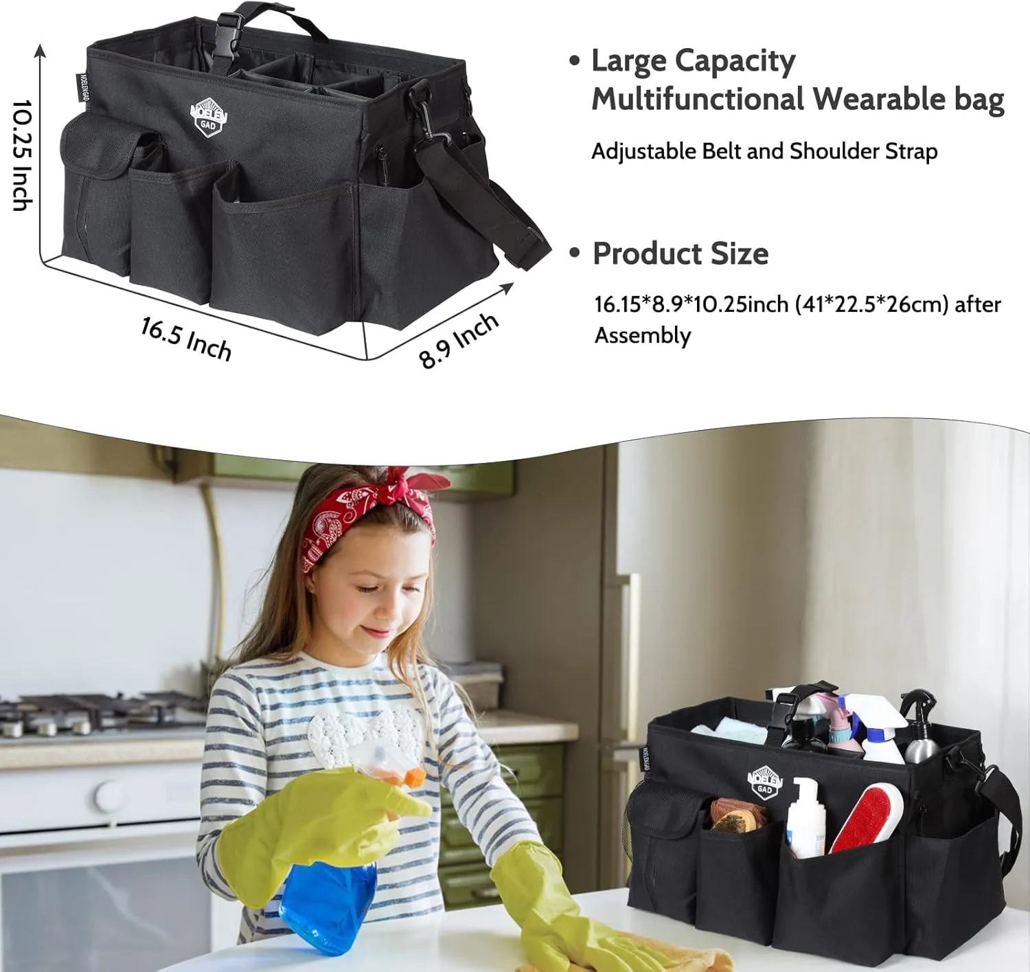 Large Wearable Cleaning Caddy Bags with Handle and Shoulder and Waist Straps,for Cleaning Supplies,for Furniture Storage,Car Organizer