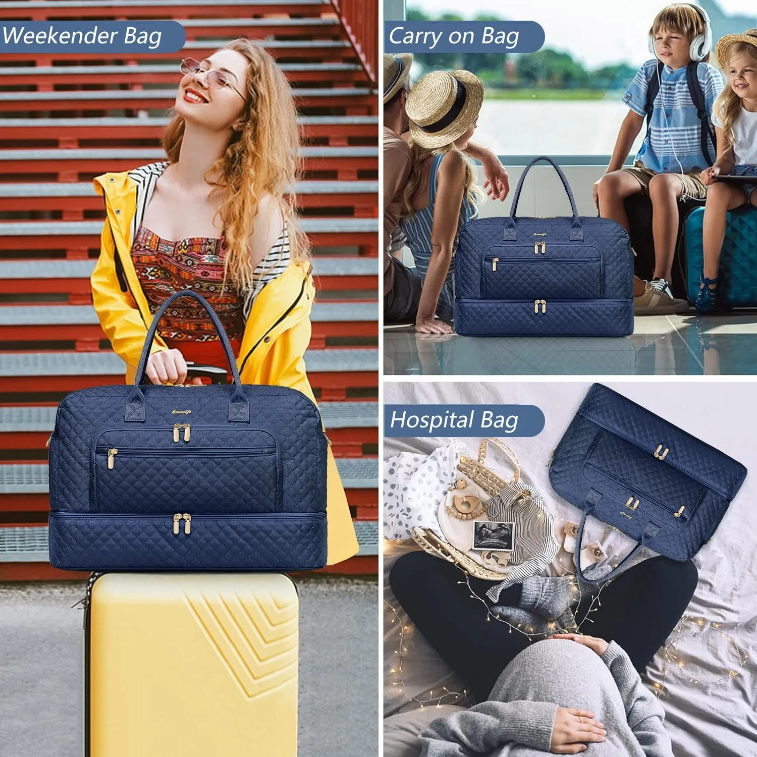 Large Women Travel Duffle Bag, Weekender Bags for Women with Shoe Compartment, Carry on Overnight Bag with Toiletry Bag, Gym Duffel Bag with Wet Pocket, Hospital Bags for Labor and Delivery 3 PCS Set