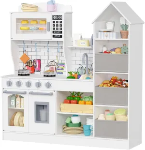 Large Wooden Play Kitchen, Large Toy Kitchens for Kids with Storage System, Playset Chef Pretend for Toddlers with 14 Pcs Toy Food & Cookware Accessorie 11.8" D x 40.6" W x 41.3" H