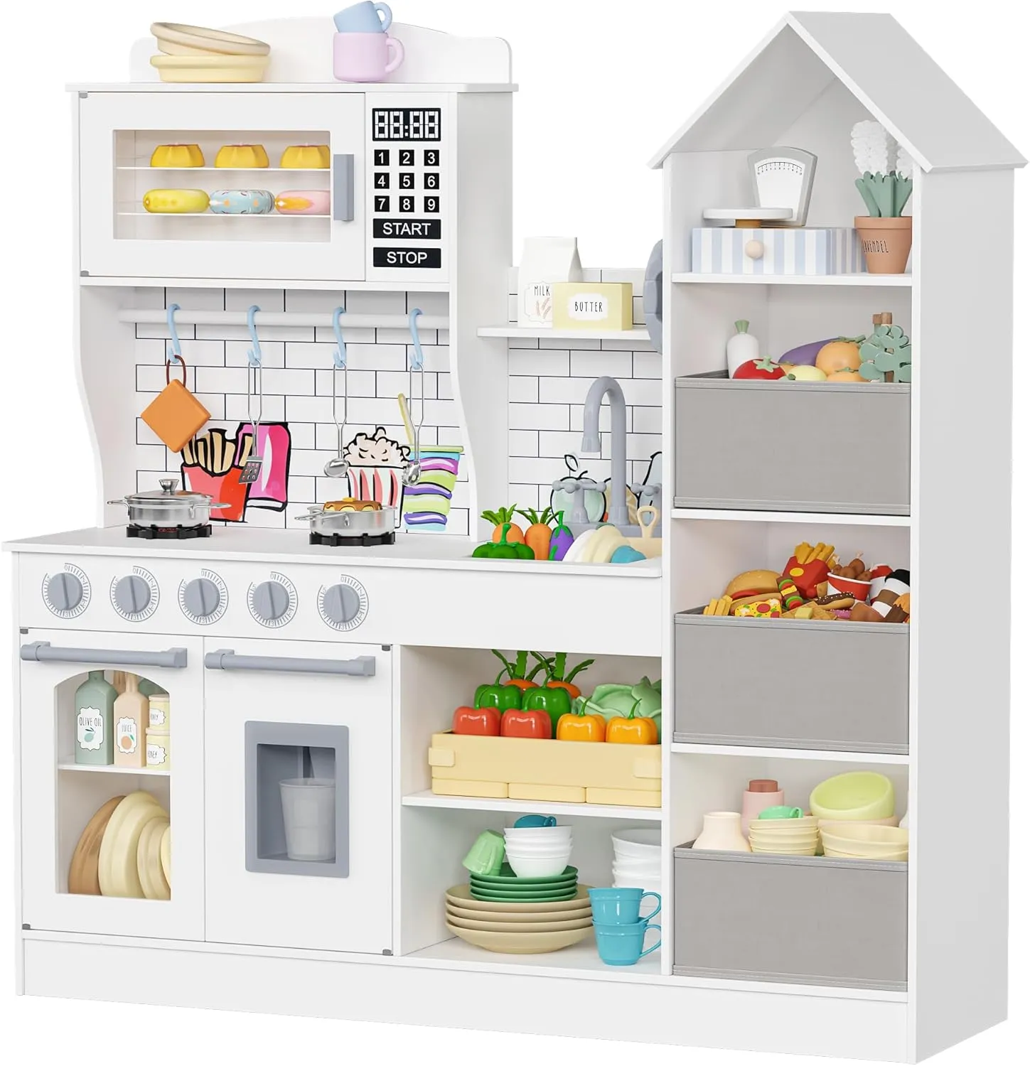 Large Wooden Play Kitchen, Large Toy Kitchens for Kids with Storage System, Playset Chef Pretend for Toddlers with 14 Pcs Toy Food & Cookware Accessorie 11.8" D x 40.6" W x 41.3" H
