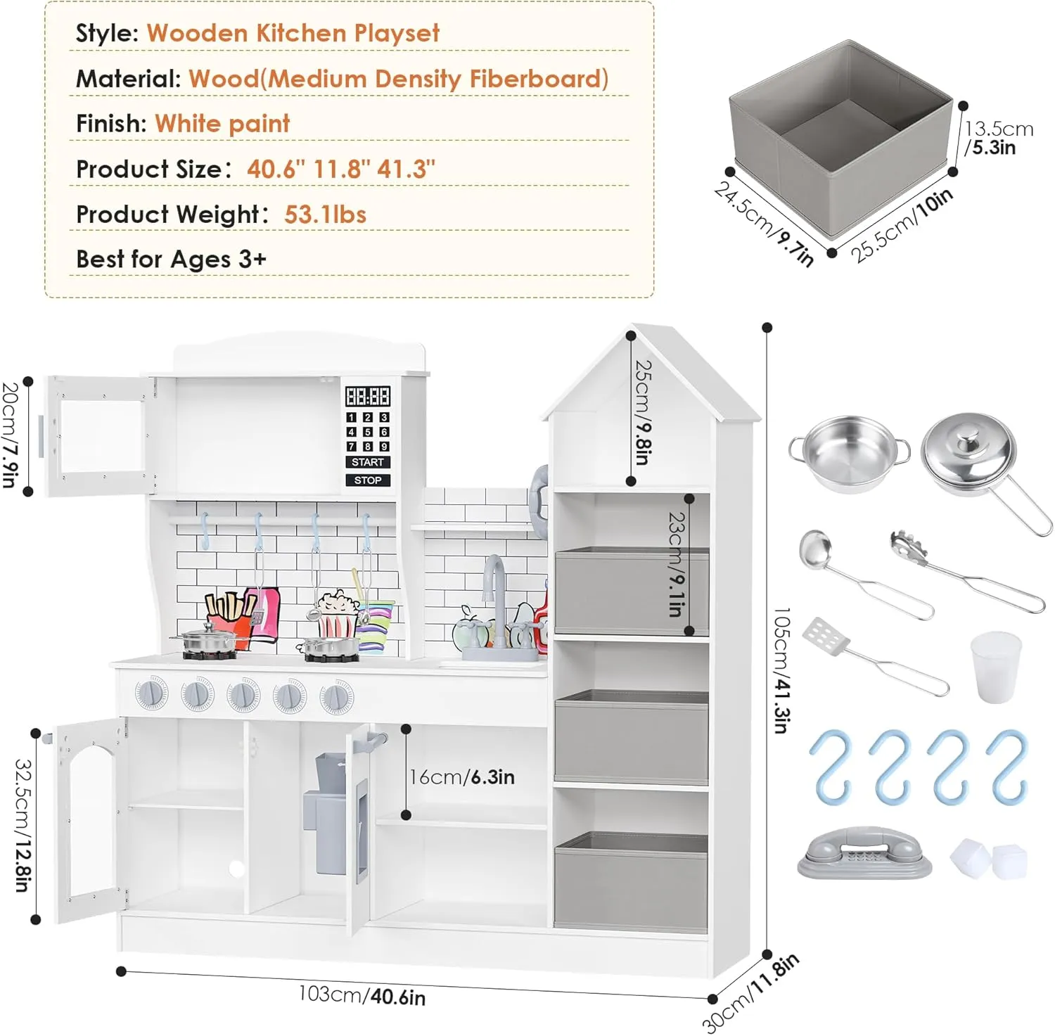 Large Wooden Play Kitchen, Large Toy Kitchens for Kids with Storage System, Playset Chef Pretend for Toddlers with 14 Pcs Toy Food & Cookware Accessorie 11.8" D x 40.6" W x 41.3" H