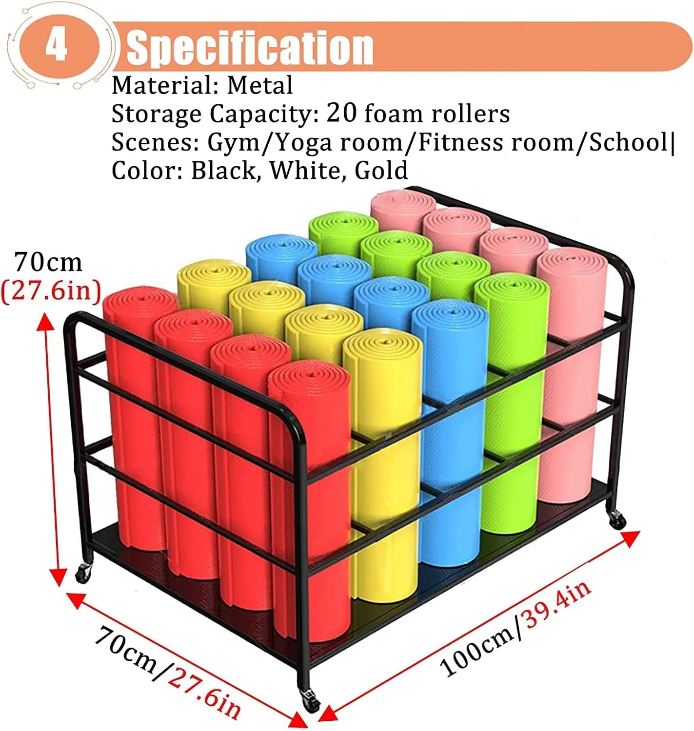 Large Yoga Mat Storage Cart with Wheels, Floor Metal Yoga Mat Holder Basket, Gym Foam Rollers Organizer, for Gym/Yoga Studio Hold 20 Exercise Mats