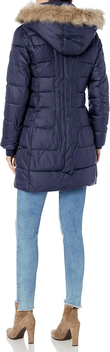 LARRY LEVINE Women's 3/4 Length Puffer W/Curved Quilting & Detachable Faux-Fur Trimmed Hood