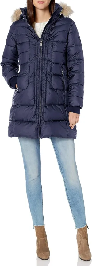 LARRY LEVINE Women's 3/4 Length Puffer W/Curved Quilting & Detachable Faux-Fur Trimmed Hood