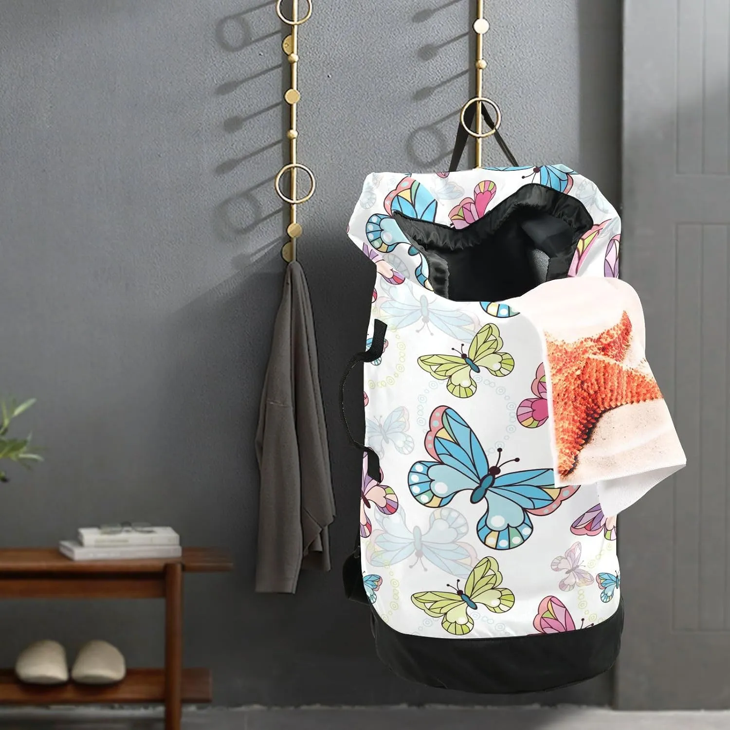 Laundry Backpack Bag Hamper Basket Extra Large Heavy Duty for Dirty Clothes Adjusted Straps for Camp College Dorm Gym Hotel Home 29.3x14.5Inch Butterfly White