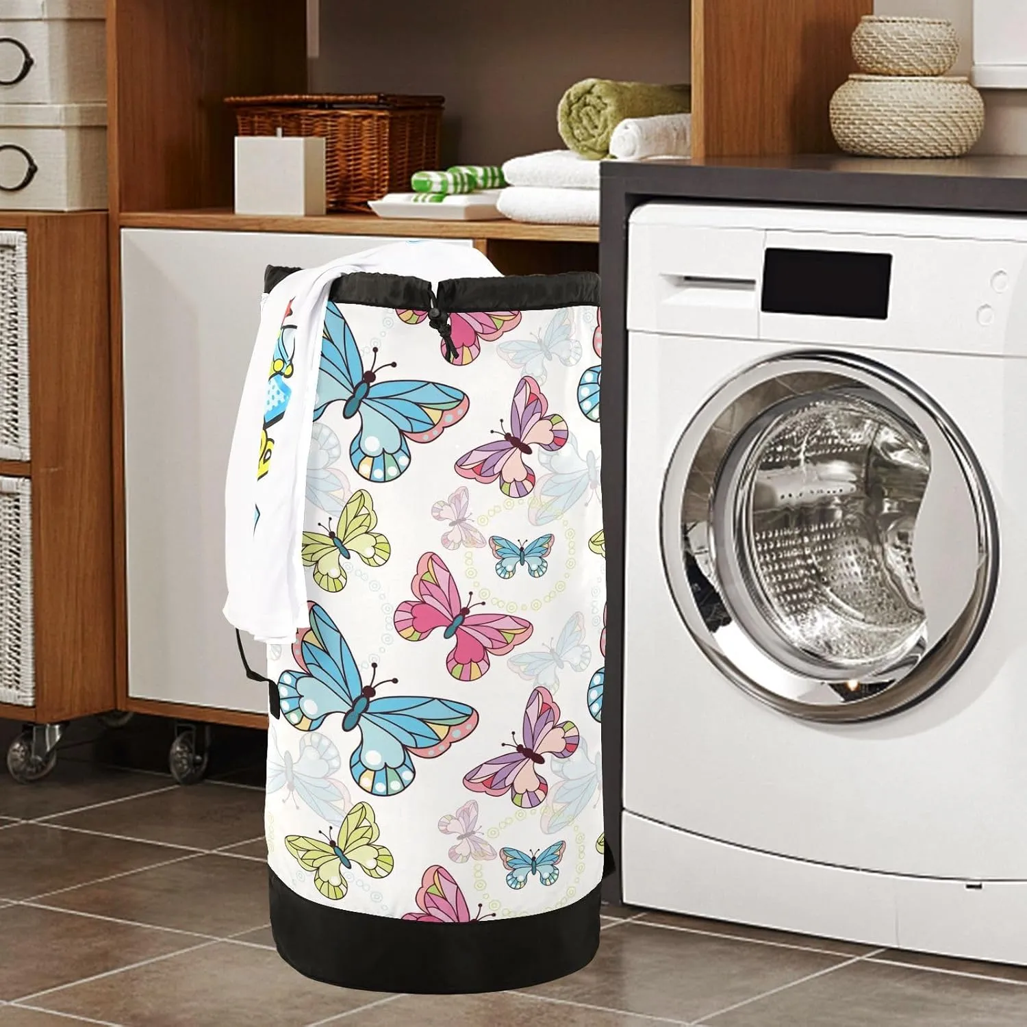 Laundry Backpack Bag Hamper Basket Extra Large Heavy Duty for Dirty Clothes Adjusted Straps for Camp College Dorm Gym Hotel Home 29.3x14.5Inch Butterfly White
