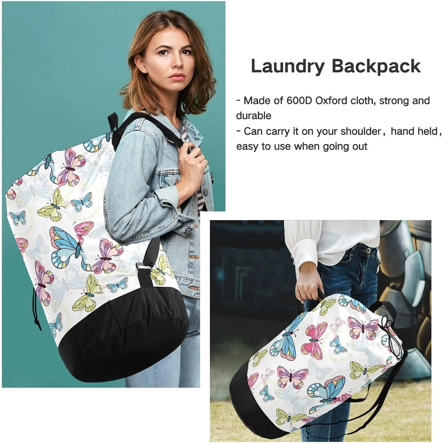Laundry Backpack Bag Hamper Basket Extra Large Heavy Duty for Dirty Clothes Adjusted Straps for Camp College Dorm Gym Hotel Home 29.3x14.5Inch Butterfly White