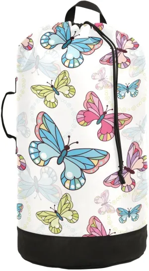 Laundry Backpack Bag Hamper Basket Extra Large Heavy Duty for Dirty Clothes Adjusted Straps for Camp College Dorm Gym Hotel Home 29.3x14.5Inch Butterfly White