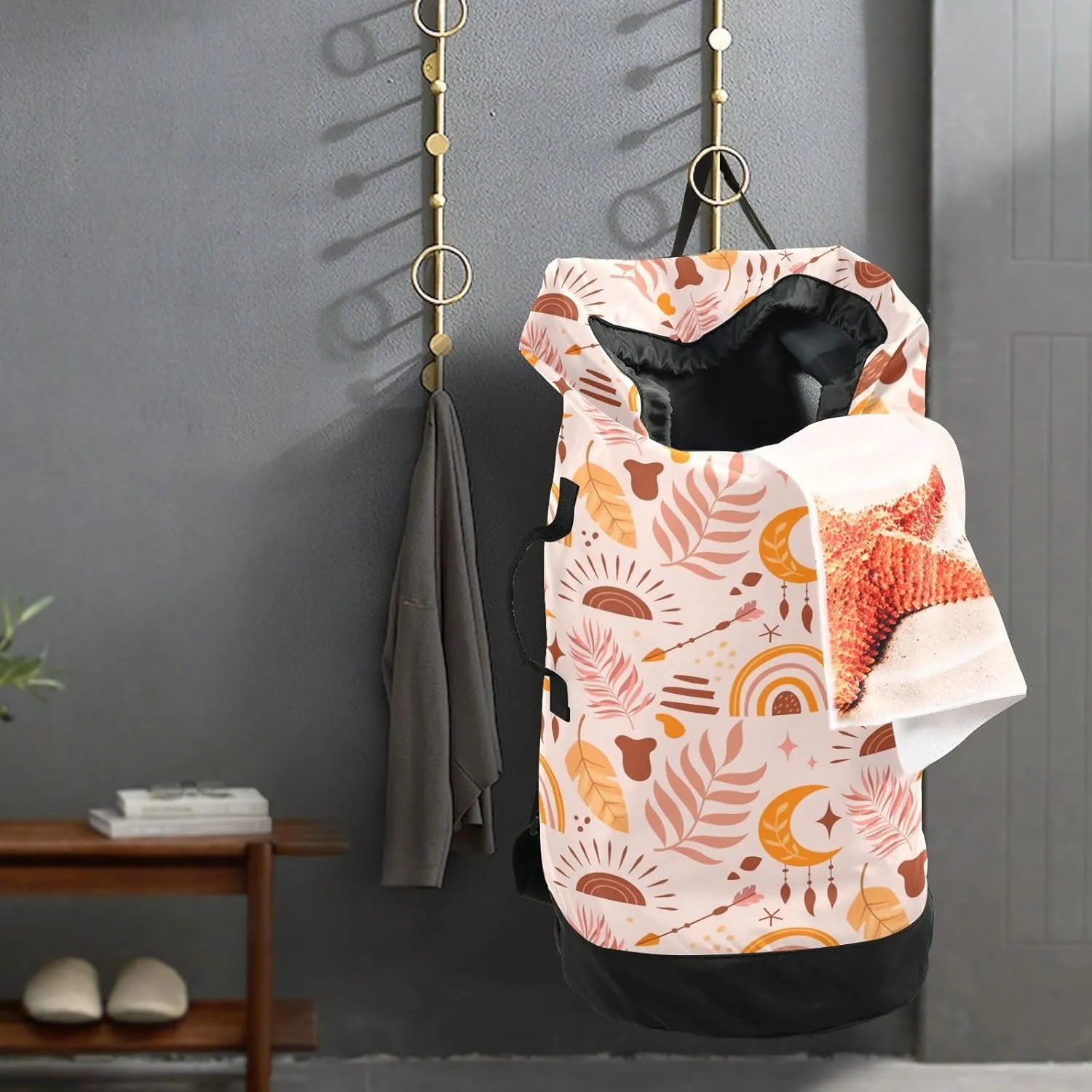 Laundry Backpack Laundry Bag Hamper Basket with Adjustable Shoulder Straps Handle for Dirty Clothes Traveling College Dorm Heavy Duty Waterproof Large Capacity Boho Rainbow