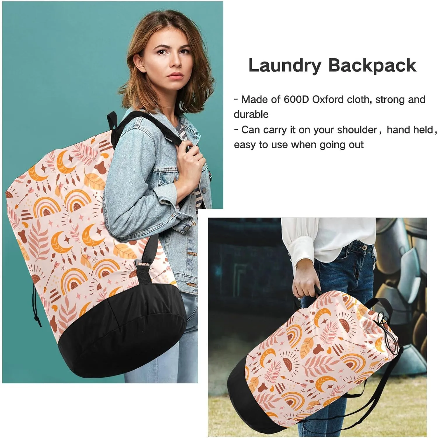 Laundry Backpack Laundry Bag Hamper Basket with Adjustable Shoulder Straps Handle for Dirty Clothes Traveling College Dorm Heavy Duty Waterproof Large Capacity Boho Rainbow