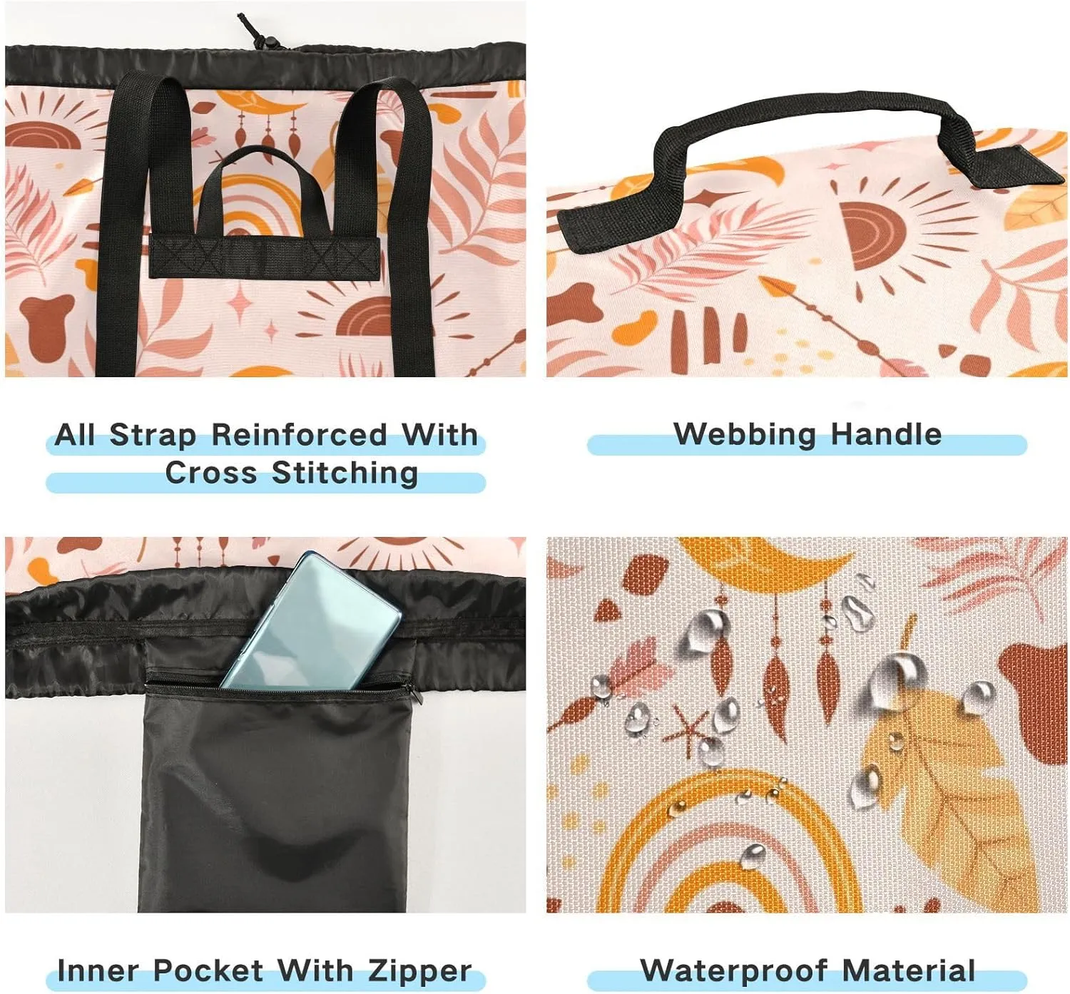 Laundry Backpack Laundry Bag Hamper Basket with Adjustable Shoulder Straps Handle for Dirty Clothes Traveling College Dorm Heavy Duty Waterproof Large Capacity Boho Rainbow