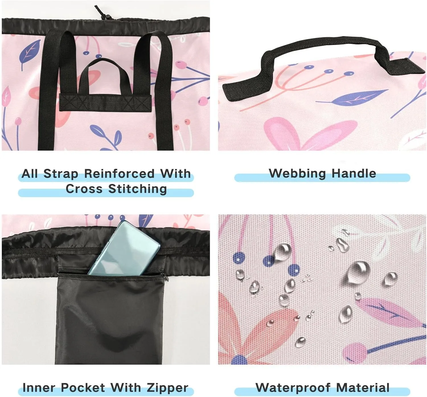 Laundry Backpack Laundry Bag with Adjustable Shoulder Straps Handle Dirty Laundry Bag for Traveling Camp College Dorm Heavy Duty Waterproof Large Capacity Floral Pink