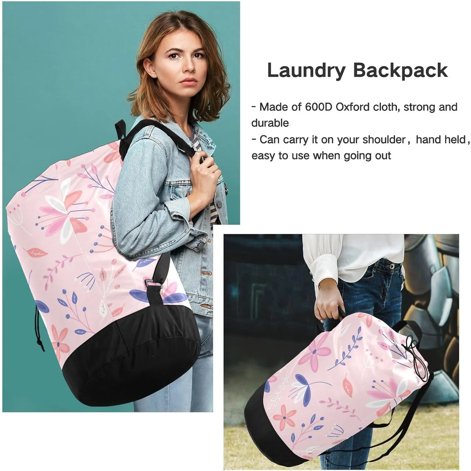 Laundry Backpack Laundry Bag with Adjustable Shoulder Straps Handle Dirty Laundry Bag for Traveling Camp College Dorm Heavy Duty Waterproof Large Capacity Floral Pink