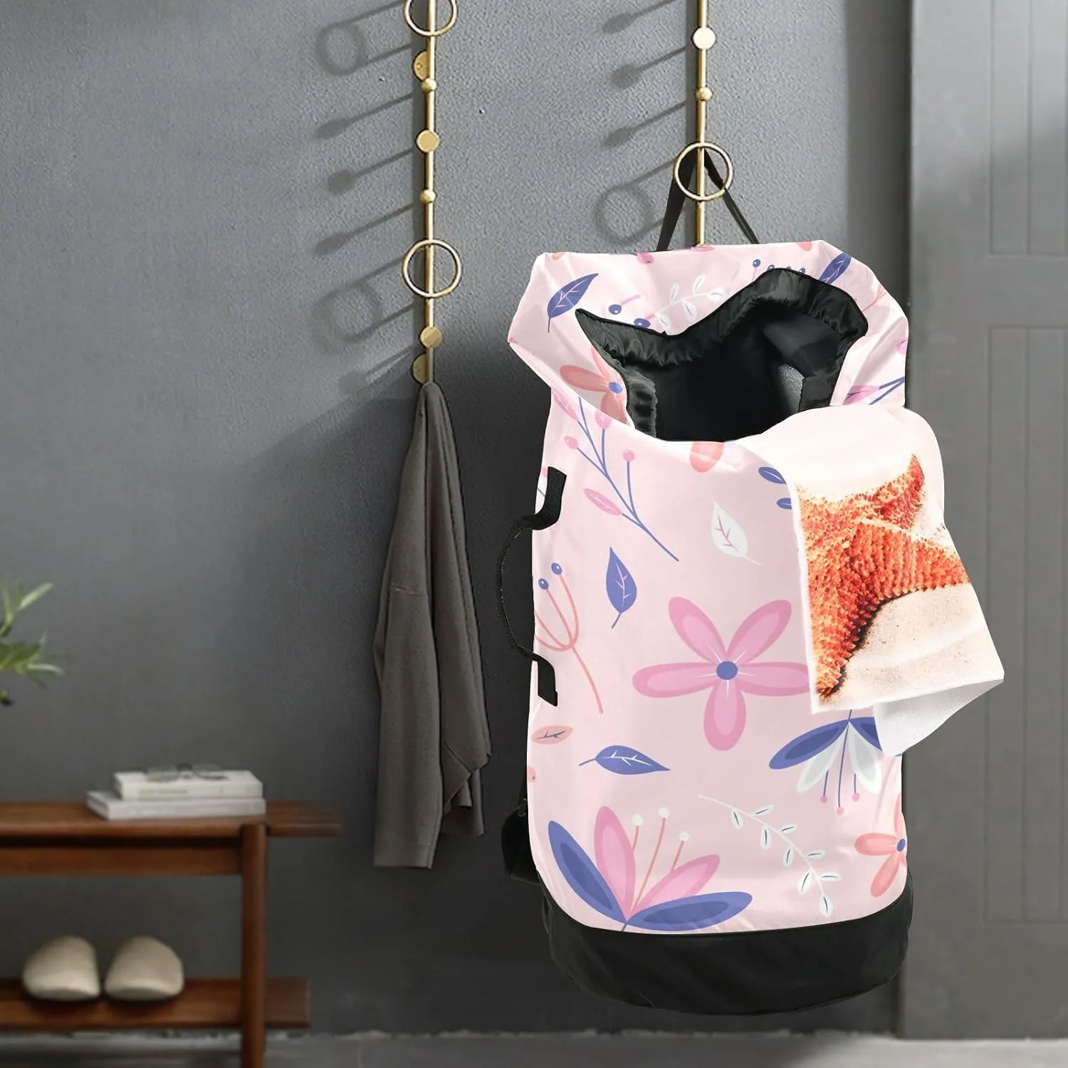 Laundry Backpack Laundry Bag with Adjustable Shoulder Straps Handle Dirty Laundry Bag for Traveling Camp College Dorm Heavy Duty Waterproof Large Capacity Floral Pink