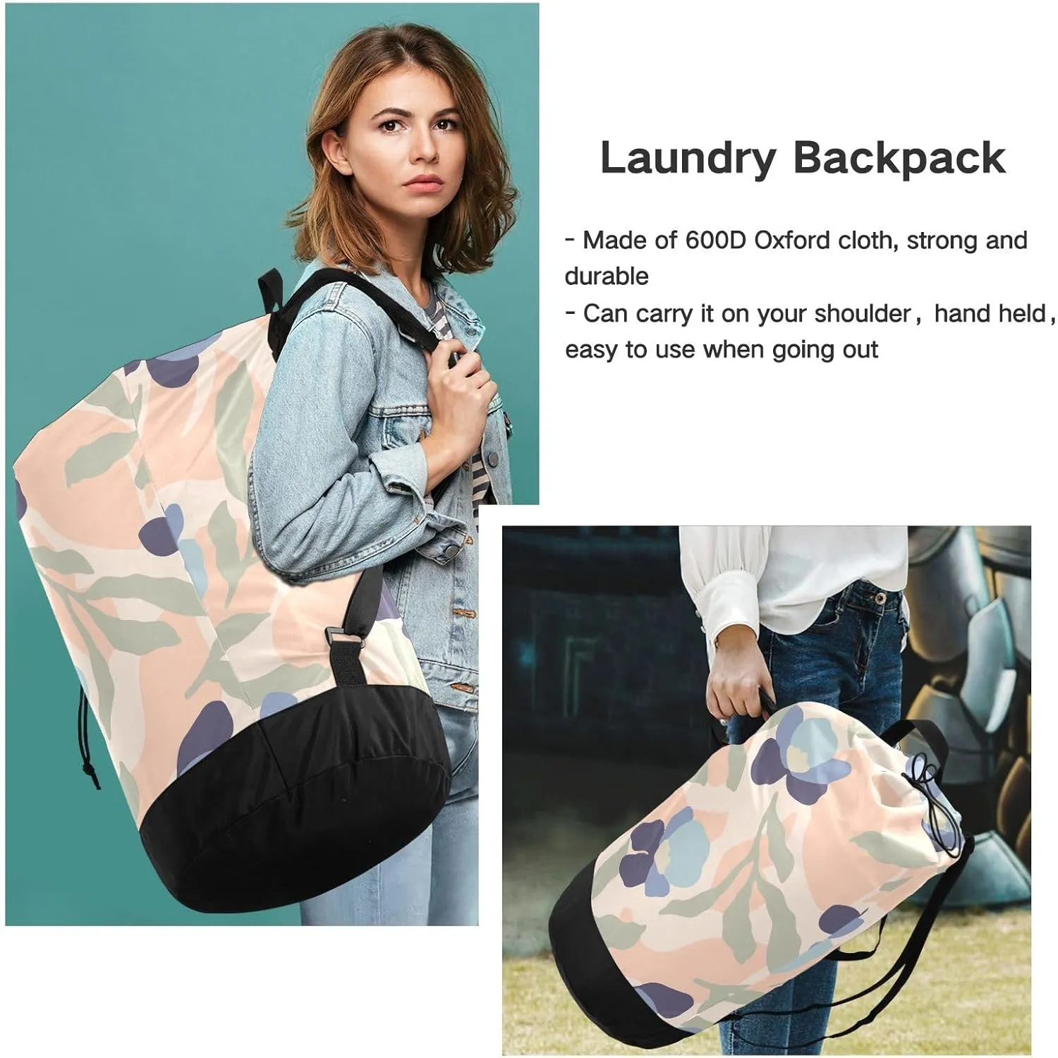 Laundry Backpack Laundry Bag with Adjustable Shoulder Straps Handle Dirty Laundry Bag for Traveling Camp College Dorm Heavy Duty Waterproof Large Capacity Leaf Illustration