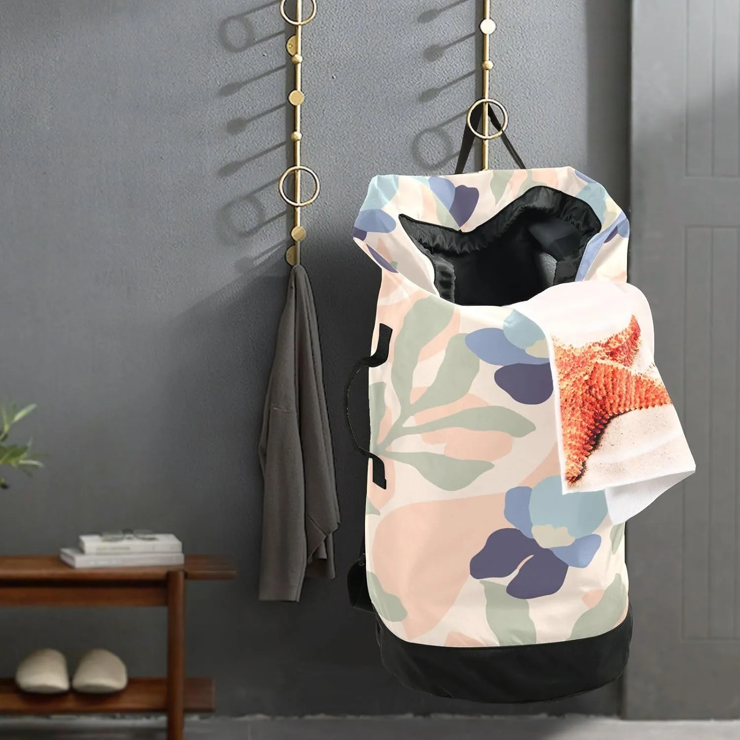 Laundry Backpack Laundry Bag with Adjustable Shoulder Straps Handle Dirty Laundry Bag for Traveling Camp College Dorm Heavy Duty Waterproof Large Capacity Leaf Illustration