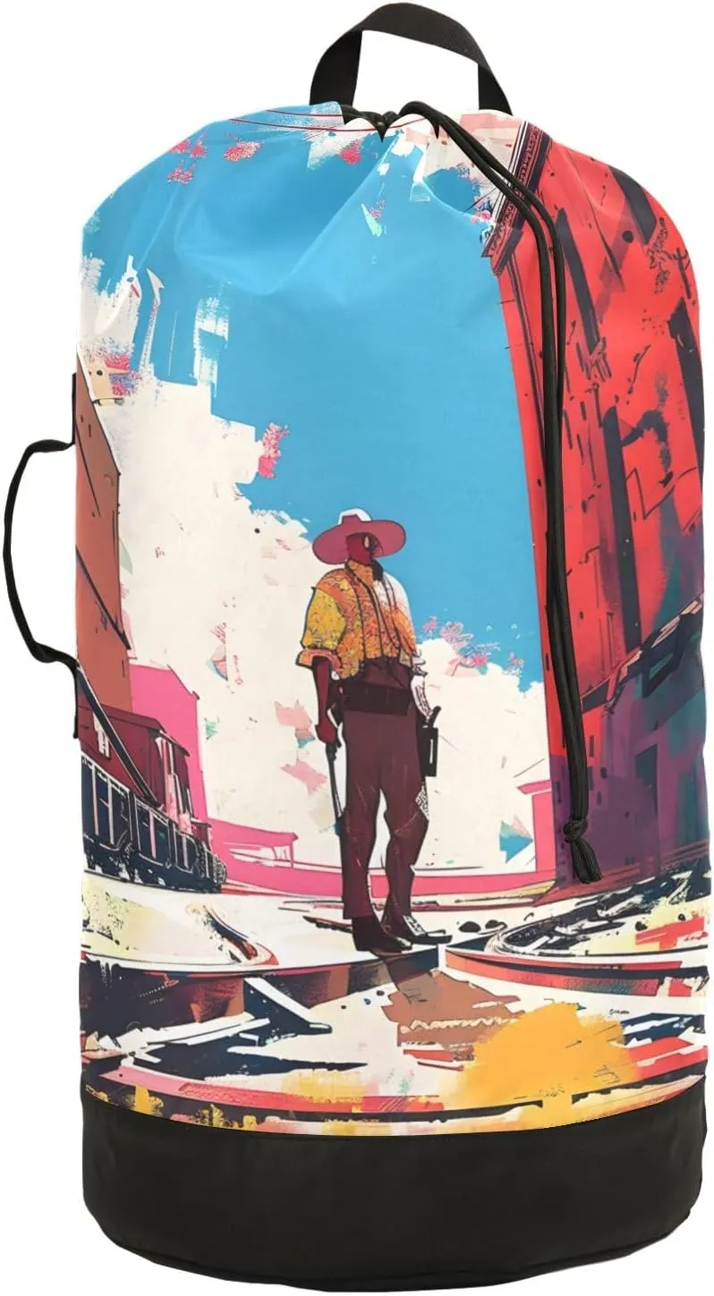 Laundry Bag Backpack Waterproof Beach Bag Clothes Hamper Bag Western Railroad Large for Travel Camping Hiking Foldable Lightweight