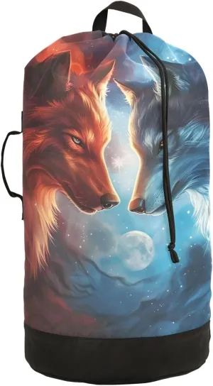 Laundry Bag Backpack Waterproof Beach Bag Clothes Hamper Bag Wolf Confront Large for Travel Camping Hiking Foldable Lightweight